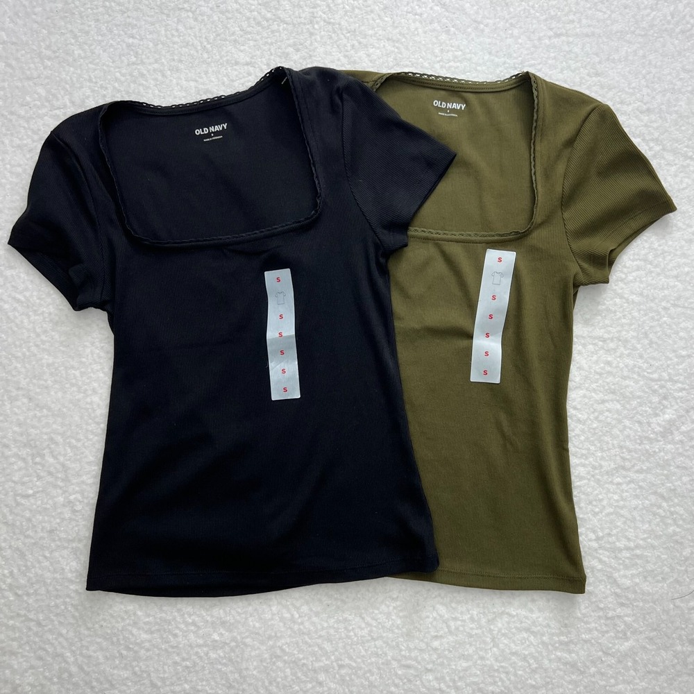 Old Navy Women's Basic Tops Scoop Neck 2‎ T-Shirts Knit Slim Black & Khaki NWT